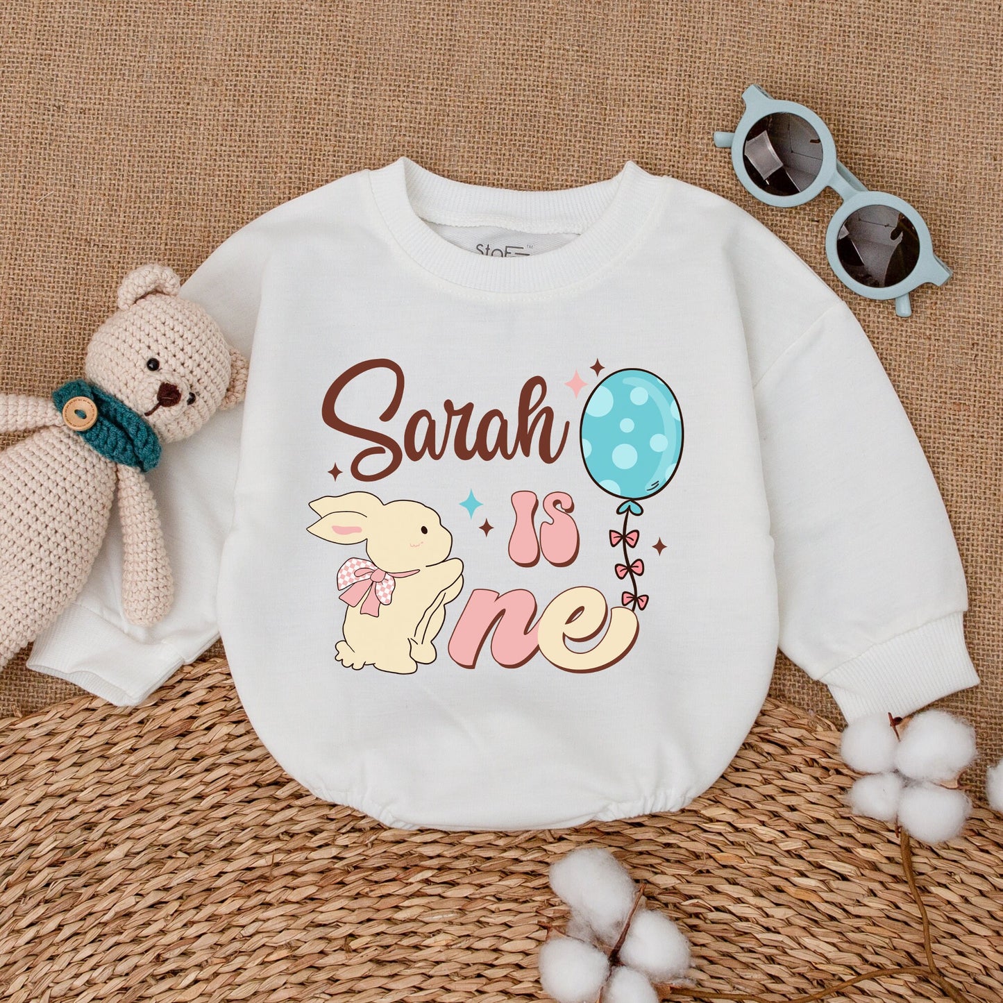 Personalized Some Bunny Is One Birthday Romper for Baby Girl Sarah, Adorable First Birthday Smash Cake Outfit Pink Bow Blue Polka Dots