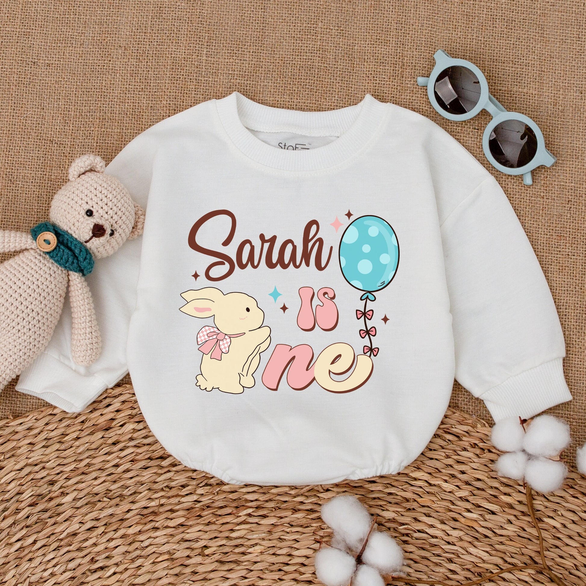 Personalized Some Bunny Is One Birthday Romper for Baby Girl Sarah, Adorable First Birthday Smash Cake Outfit Pink Bow Blue Polka Dots