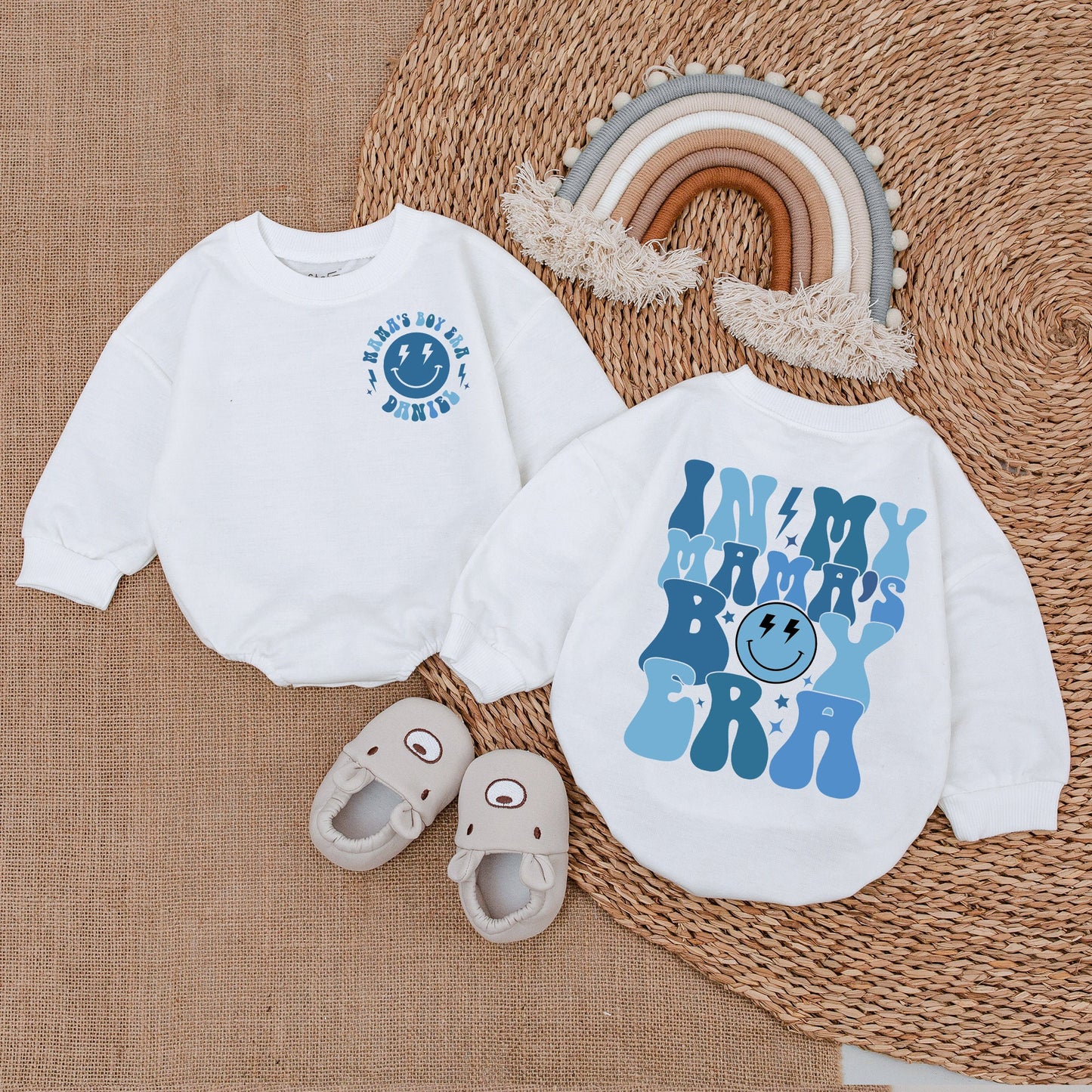 Custom Mama's Boy Era Baby Romper Retro Blue Star Smiley Design Personalized Boy Bodysuit Outfit Newborn Coming Home Gift Baby Shower