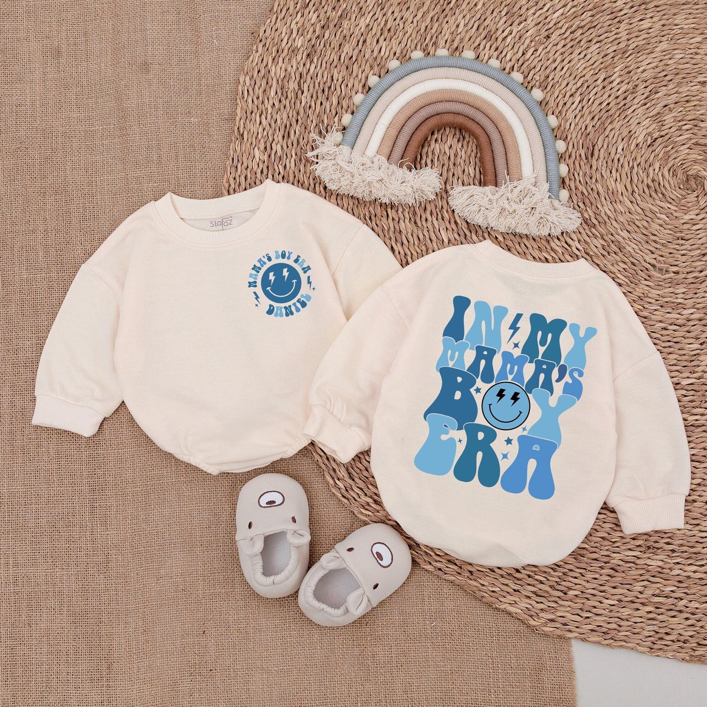 Custom Mama's Boy Era Baby Romper Retro Blue Star Smiley Design Personalized Boy Bodysuit Outfit Newborn Coming Home Gift Baby Shower