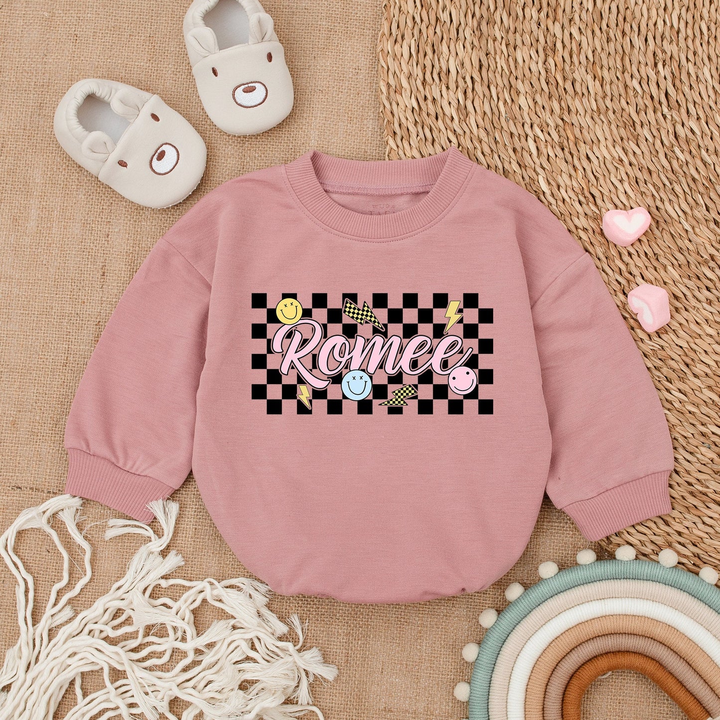 Personalized Baby Girl Retro Checkered Bubble Romper Custom Name Outfit Pink Bubble Letters Yellow Smiley Lightning Bolts Playful Vintage Clothes