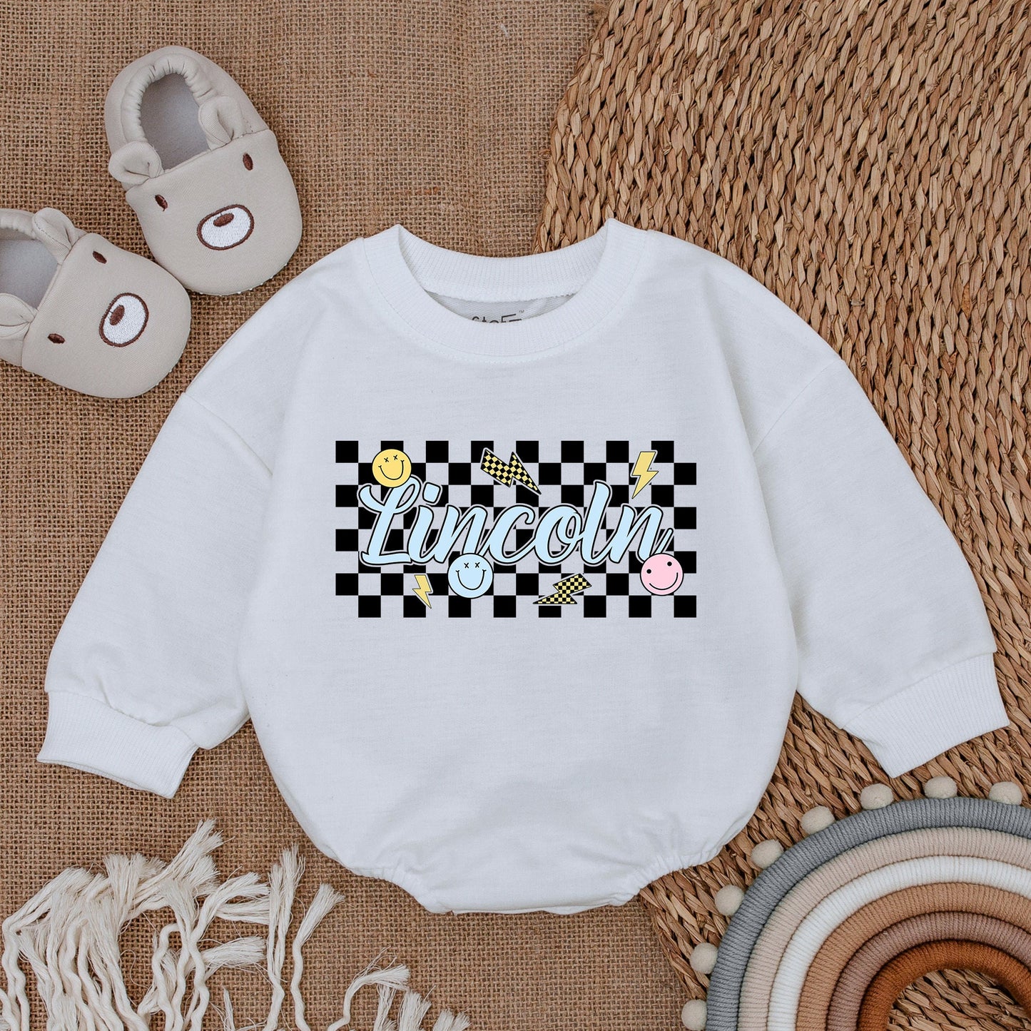 Personalized Name Baby Boy Bubble Romper Lincoln Script Retro Checkered Lightning Smiley Face Design Yellow Blue White Black Outfit Gift