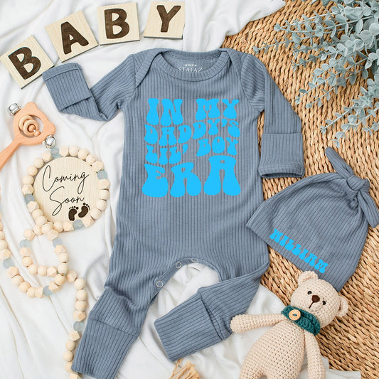 Personalized In My Daddy's Lil' Boy Era Bodysuit Set Custom Name Beanie Retro Blue Bubbly Font Baby Boy Outfit Newborn Gift Romper