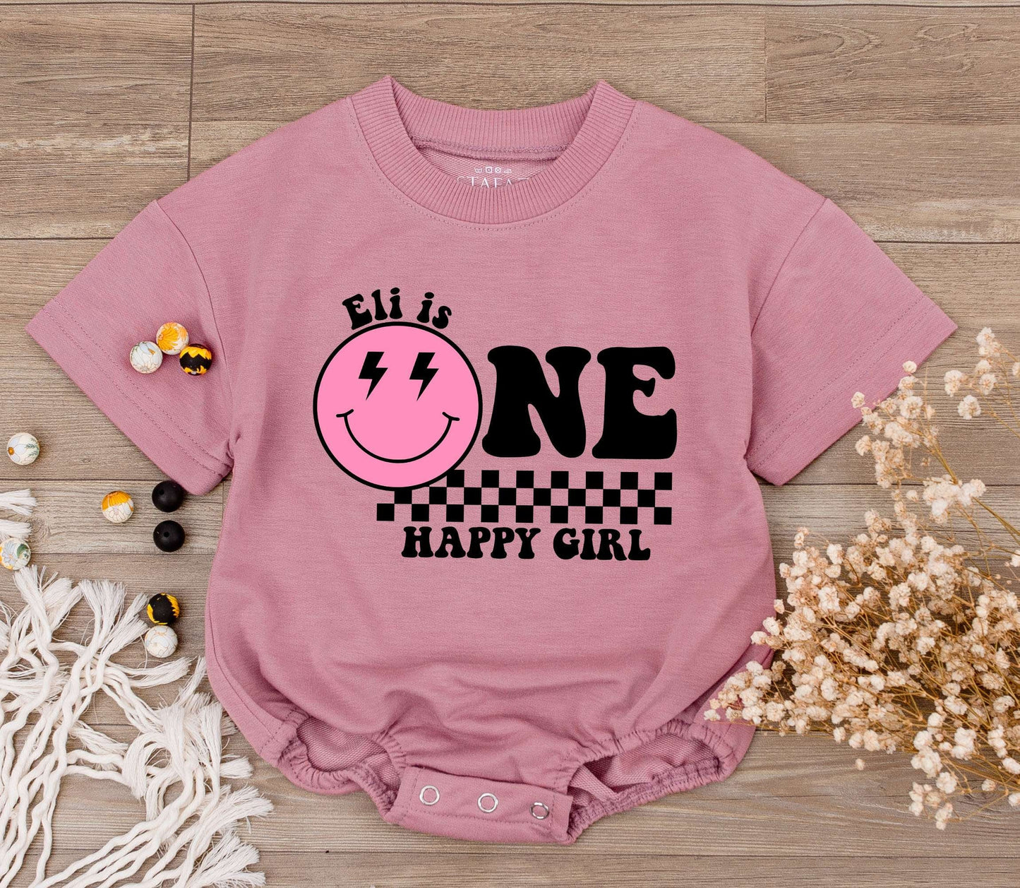 Personalized One Happy Girl First Birthday Bodysuit Pink Smiley Face Lightning Eyes Checkered Print Baby Toddler Outfit