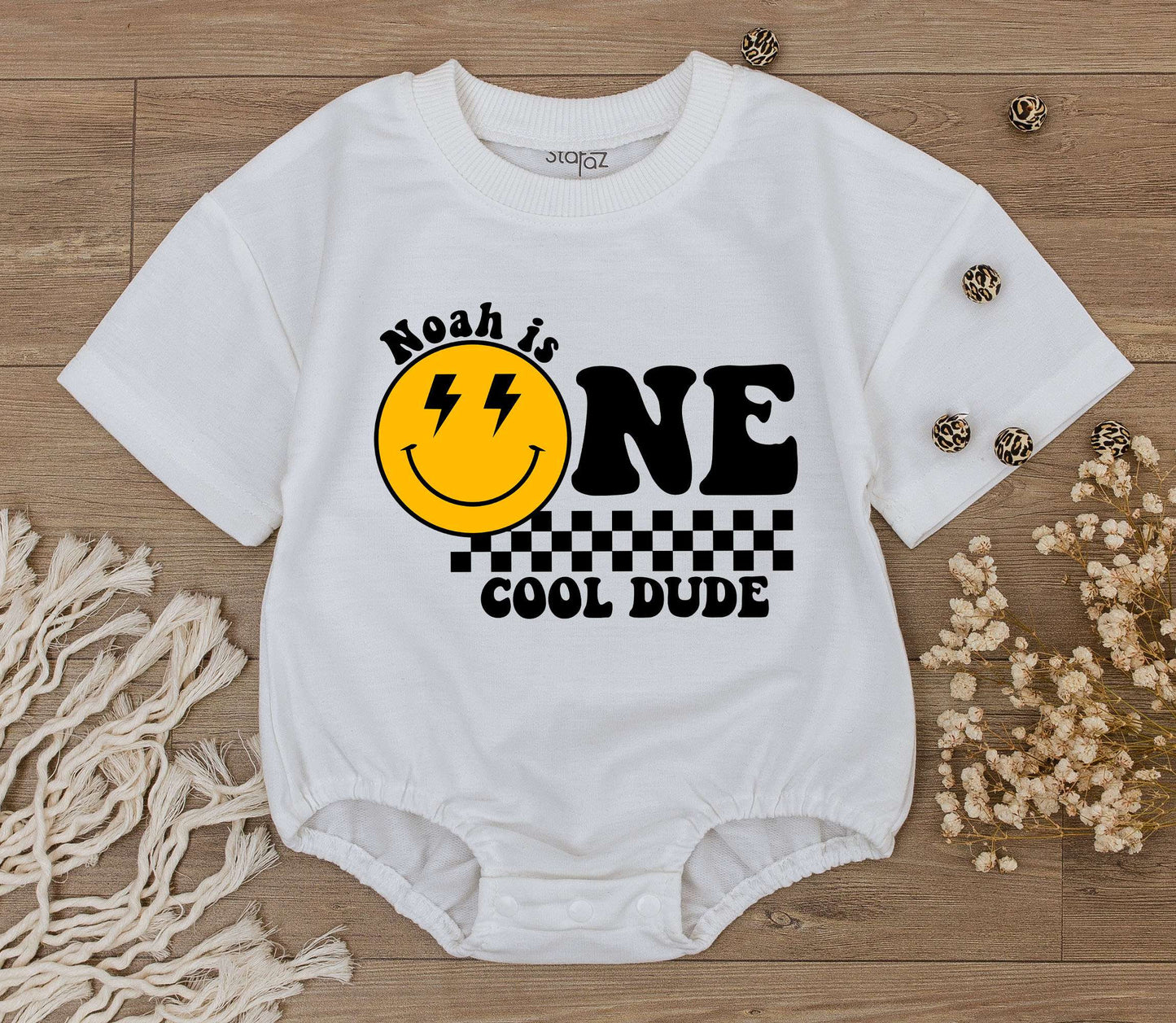 Custom One Cool Dude 1st Birthday Bodysuit Smiley Face Retro Design Outfit for Toddler Boy Celebration Gift with Lightning Bolts