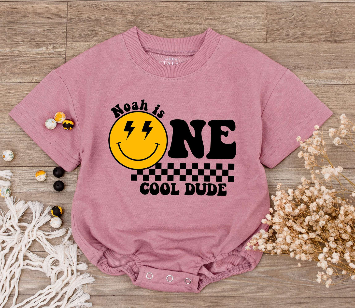 Custom One Cool Dude 1st Birthday Bodysuit Smiley Face Retro Design Outfit for Toddler Boy Celebration Gift with Lightning Bolts