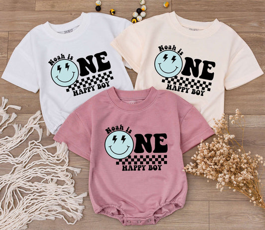 Personalized One Happy Boy Birthday Bodysuit Groovy First Birthday Outfit Custom Smiley Face Lightning Checkered Print Baby Toddler Clothes