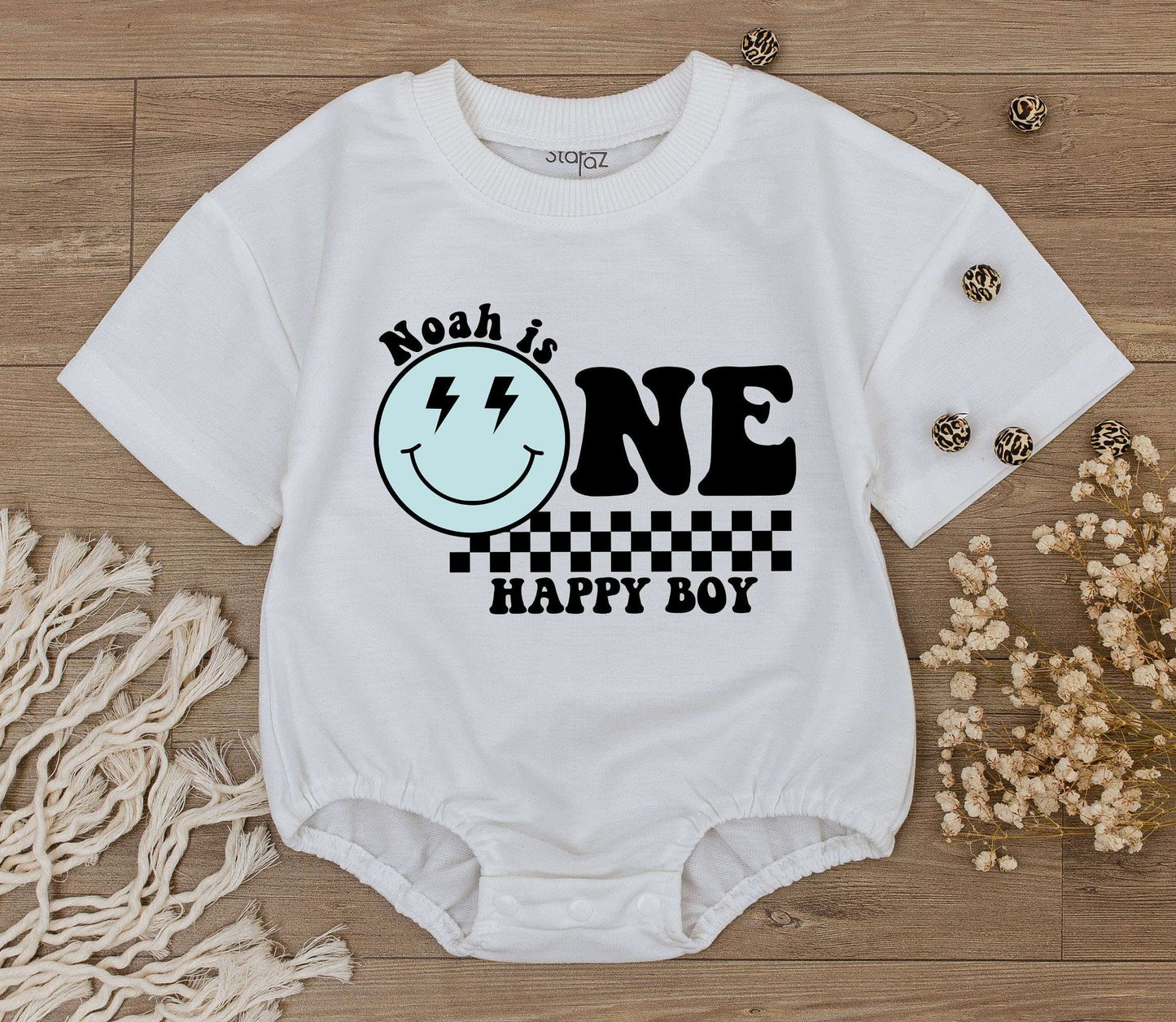 Personalized One Happy Boy Birthday Bodysuit Groovy First Birthday Outfit Custom Smiley Face Lightning Checkered Print Baby Toddler Clothes