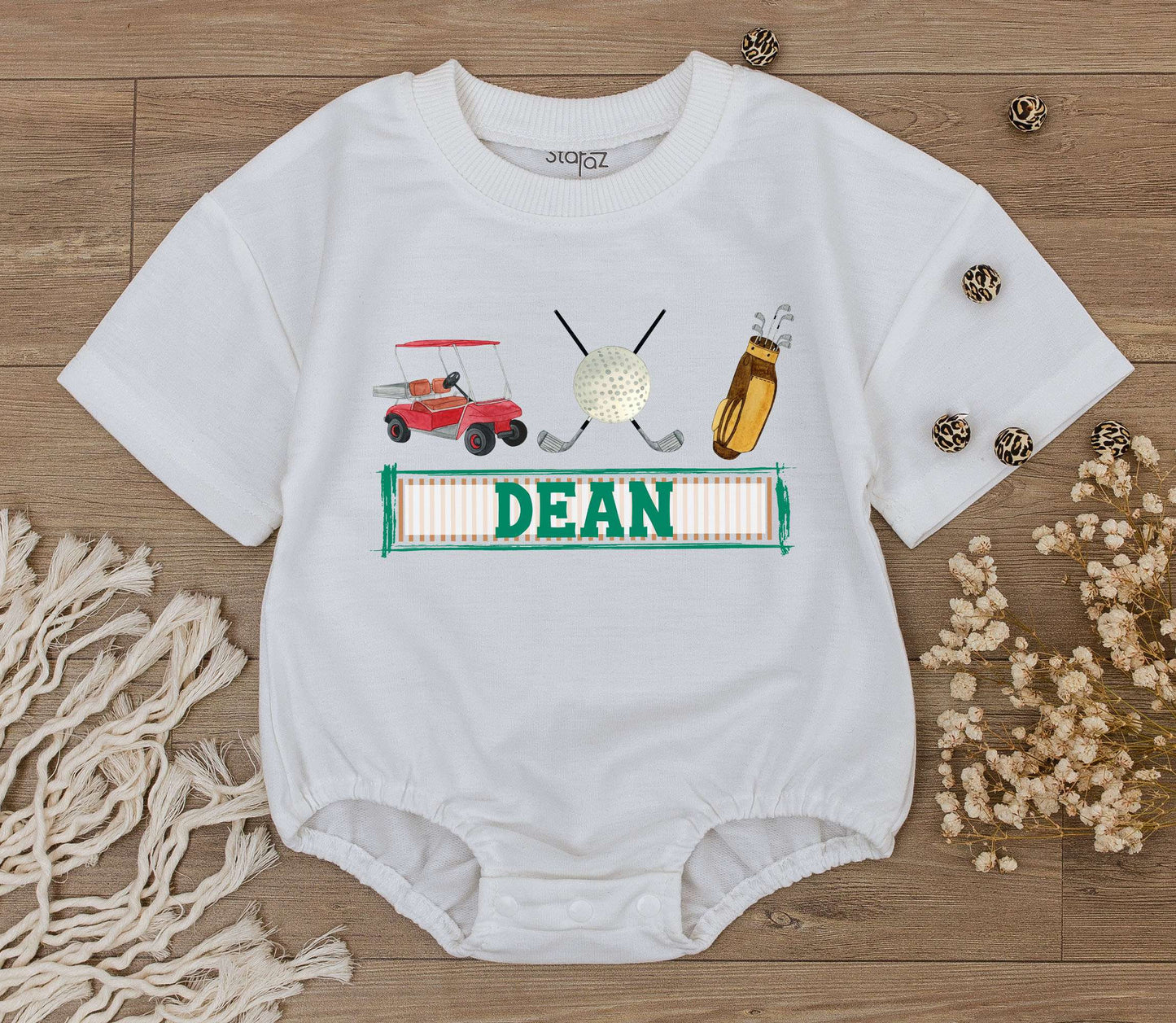 Personalized Dean Golf First Birthday Baby Romper Outfit with Cartoon Red Golf Cart, Green Name Boy Girl Bodysuit Hole in One Party