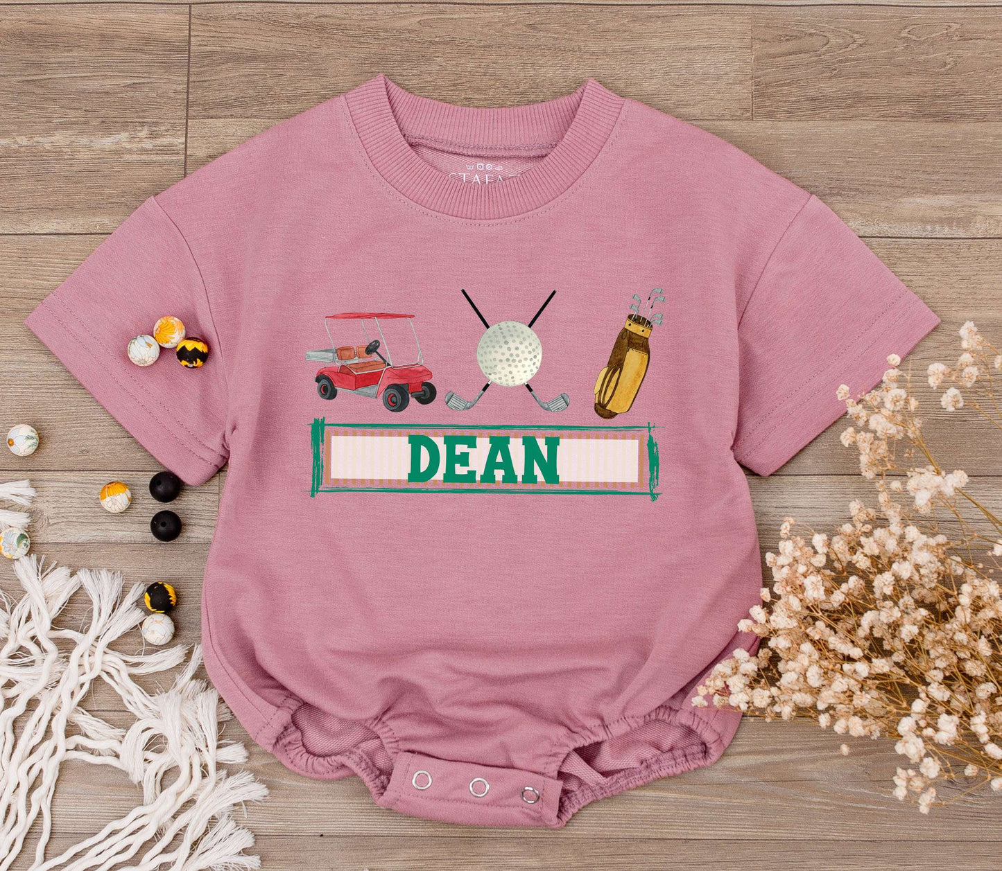 Personalized Dean Golf First Birthday Baby Romper Outfit with Cartoon Red Golf Cart, Green Name Boy Girl Bodysuit Hole in One Party