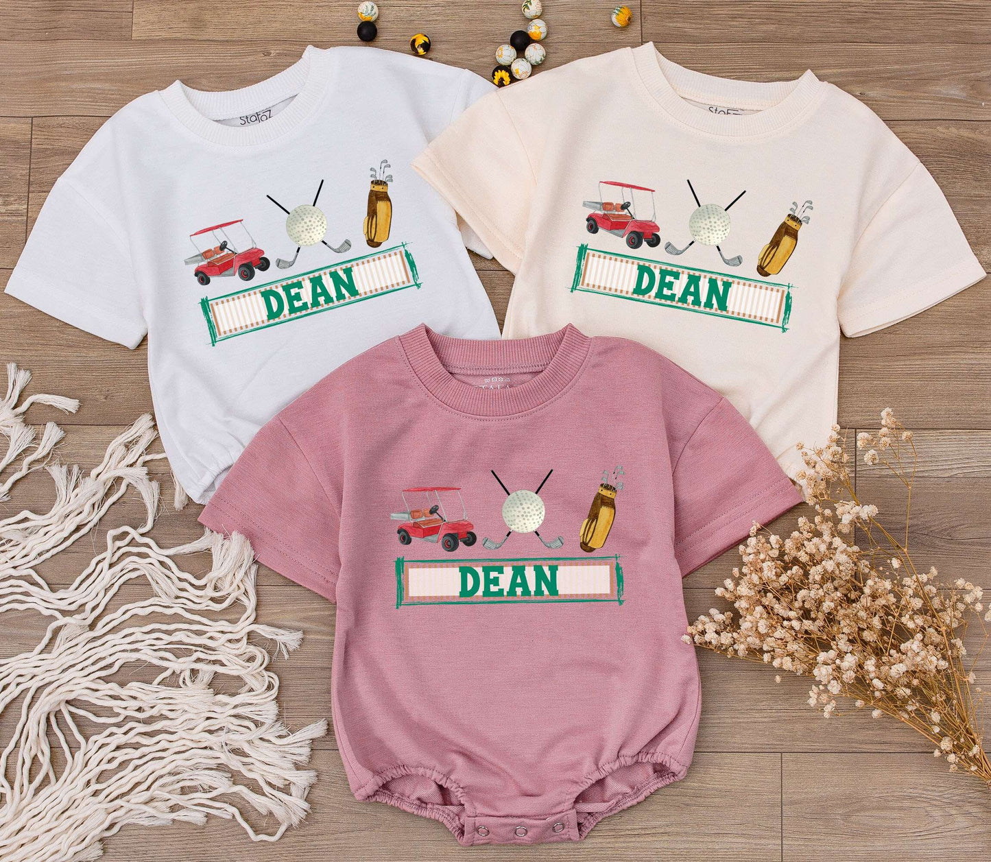Personalized Dean Golf First Birthday Baby Romper Outfit with Cartoon Red Golf Cart, Green Name Boy Girl Bodysuit Hole in One Party