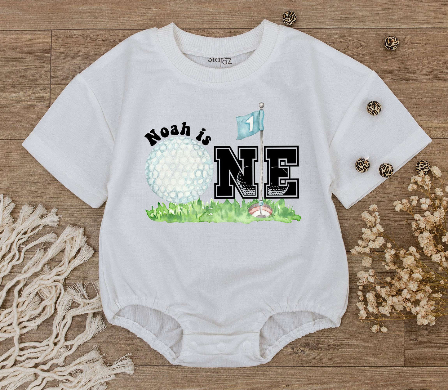 Personalized Golf Hole in One First Birthday Romper for Baby Boy Girl Playful Watercolor Golf Ball Flag One Outfit Custom Name