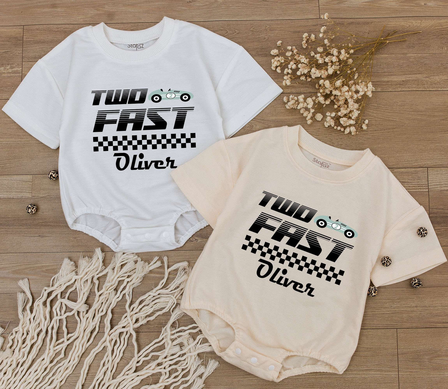 Custom Two Fast Race Car Birthday Baby Boy Romper with Personalized Name Cute Racecar Party Bodysuit Modern Checkered Jumpsuit Kids Outfit