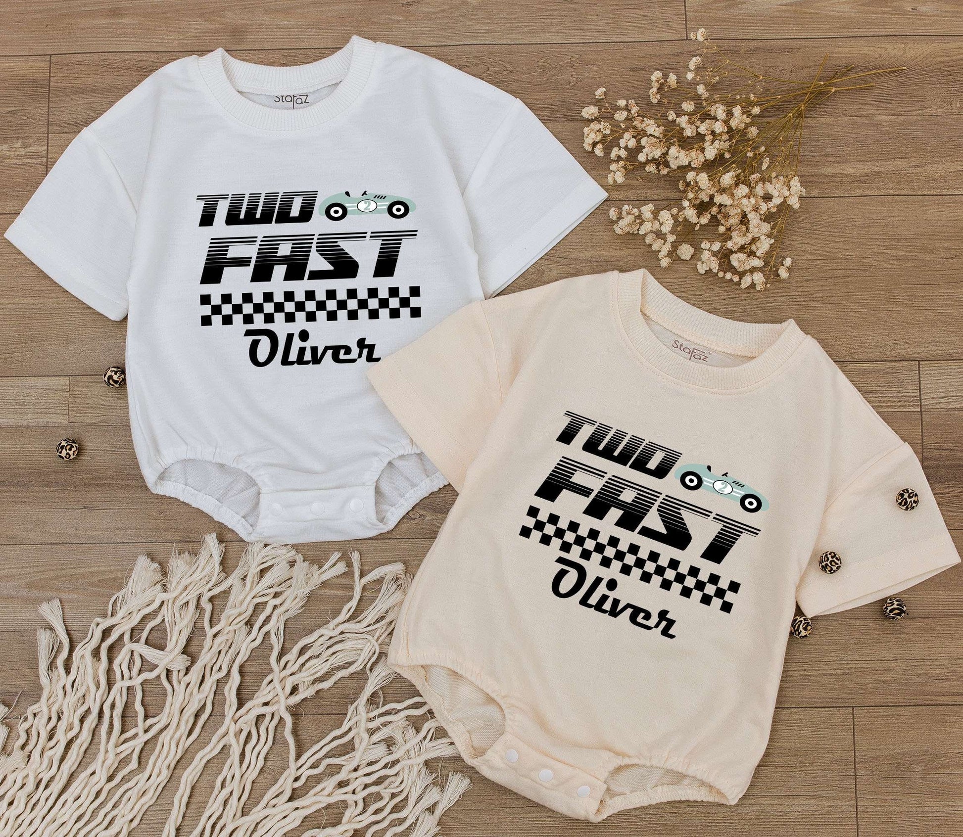 Custom Two Fast Race Car Birthday Baby Boy Romper with Personalized Name Cute Racecar Party Bodysuit Modern Checkered Jumpsuit Kids Outfit