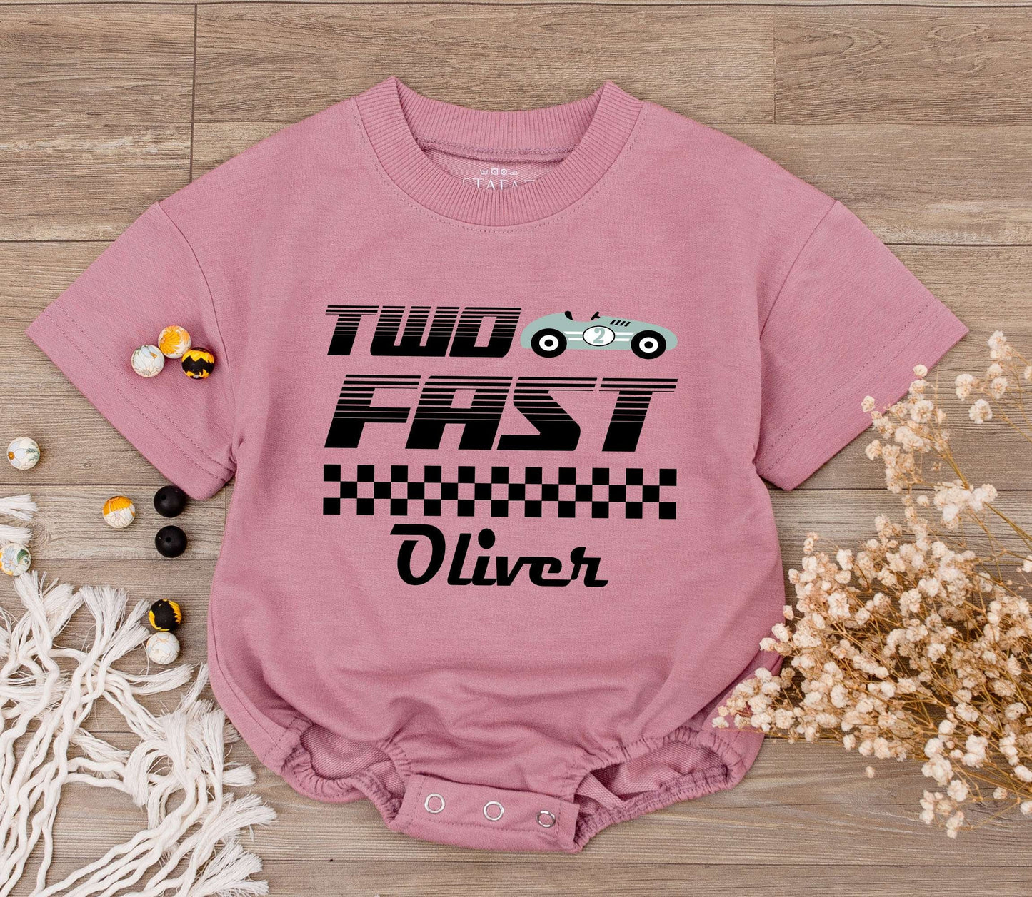 Custom Two Fast Race Car Birthday Baby Boy Romper with Personalized Name Cute Racecar Party Bodysuit Modern Checkered Jumpsuit Kids Outfit