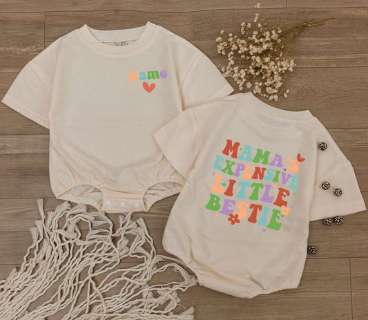 Custom Mama's Expensive Little Bestie Birthday Bodysuit Trendy Retro Pastel Style Outfit for Baby Girl or Boy with Heart and Flower Design