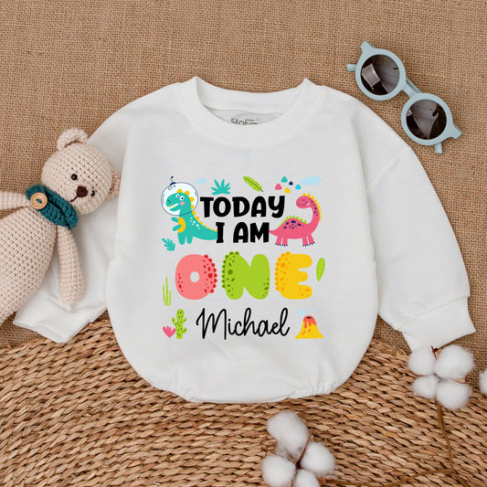 Personalized Today I Am One Dinosaur Birthday Romper with Playful Space Dino & Pink Dino for Baby Boy Newborn Cake Smash Outfit Adorable Colorful