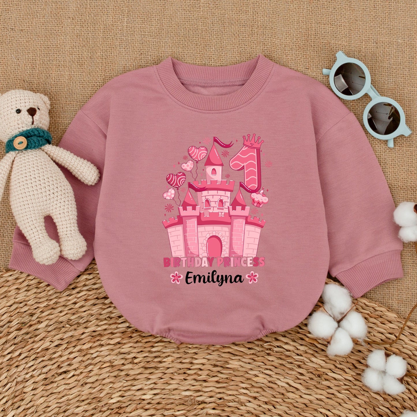 Personalized Pink Princess Castle First Birthday Romper Outfit, Baby Girl One Year Smash Cake Bodysuit with Name & Crown Design