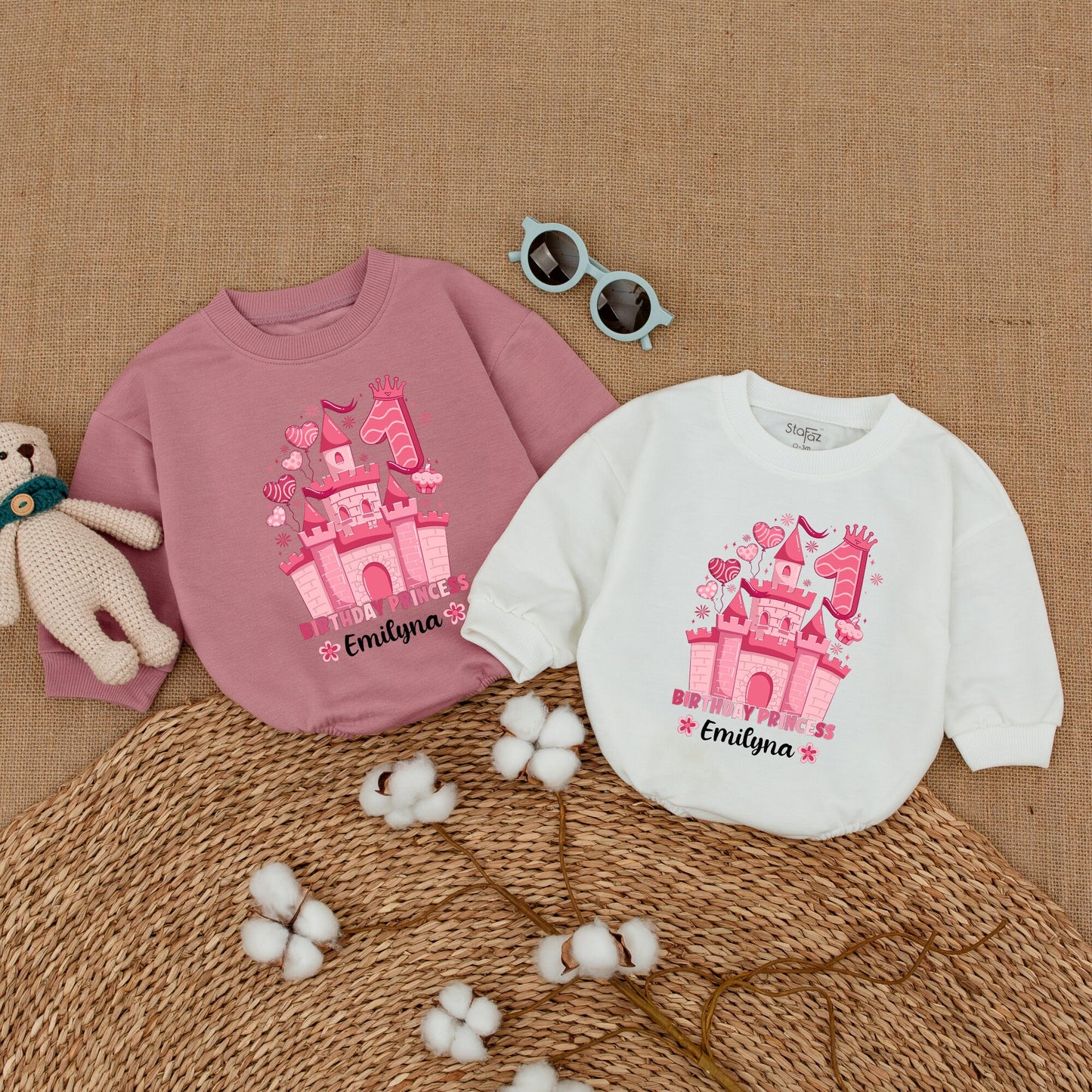 Personalized Pink Princess Castle First Birthday Romper Outfit, Baby Girl One Year Smash Cake Bodysuit with Name & Crown Design