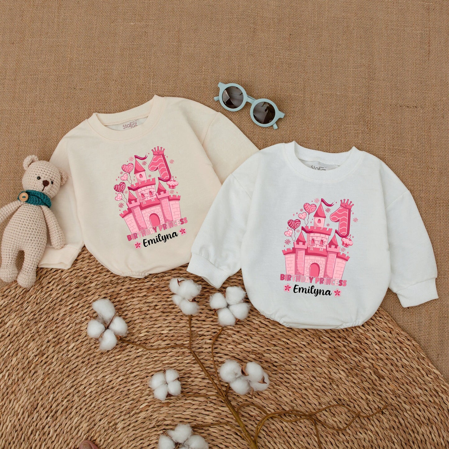 Personalized Pink Princess Castle First Birthday Romper Outfit, Baby Girl One Year Smash Cake Bodysuit with Name & Crown Design