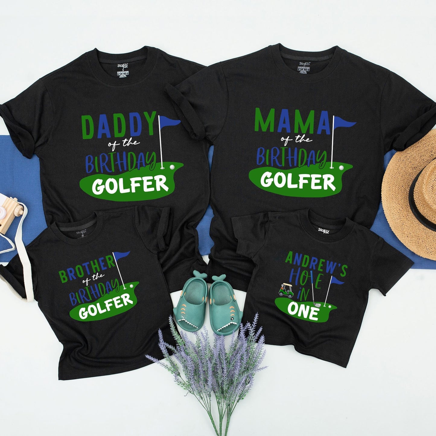 Matching Family Golfer Birthday Shirts Mom Dad Son Daughter Hole in One First Birthday Party Tee Green Blue Golf Outfit