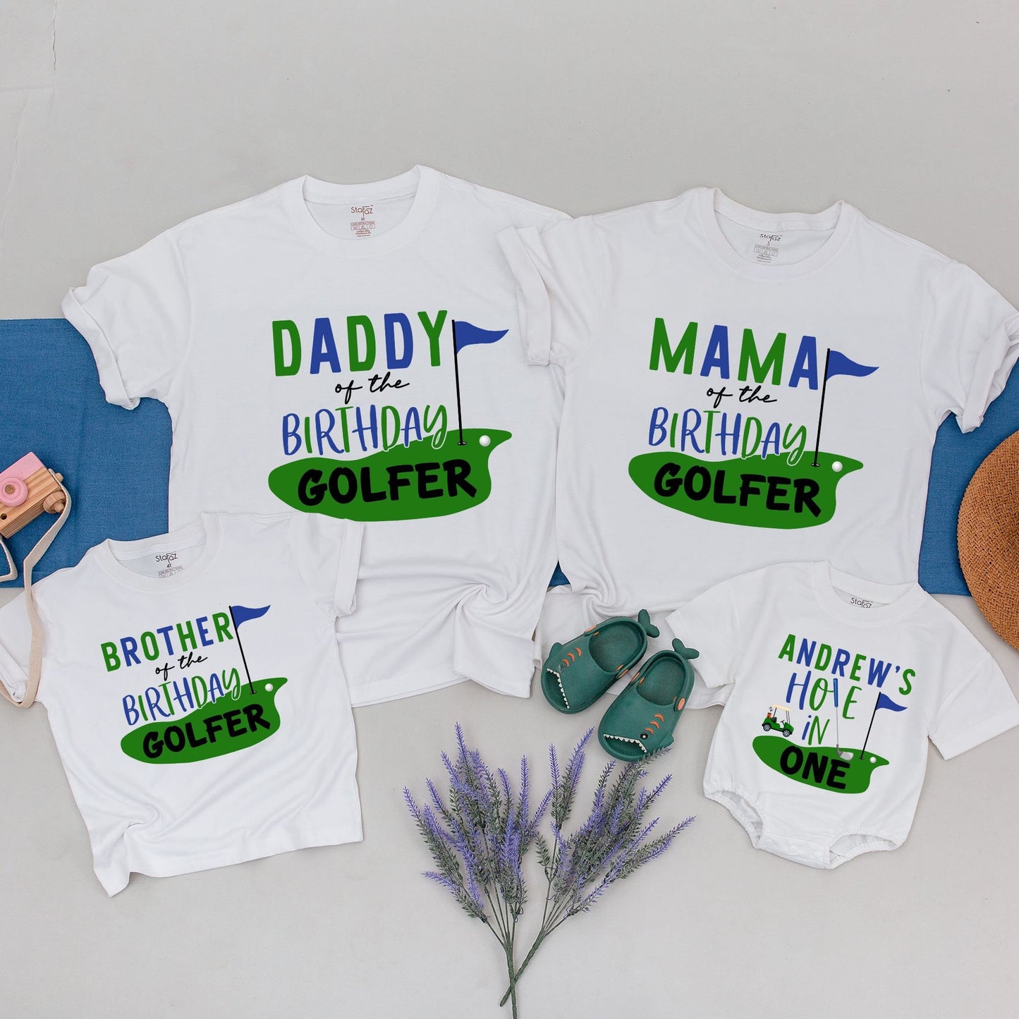Matching Family Golfer Birthday Shirts Mom Dad Son Daughter Hole in One First Birthday Party Tee Green Blue Golf Outfit