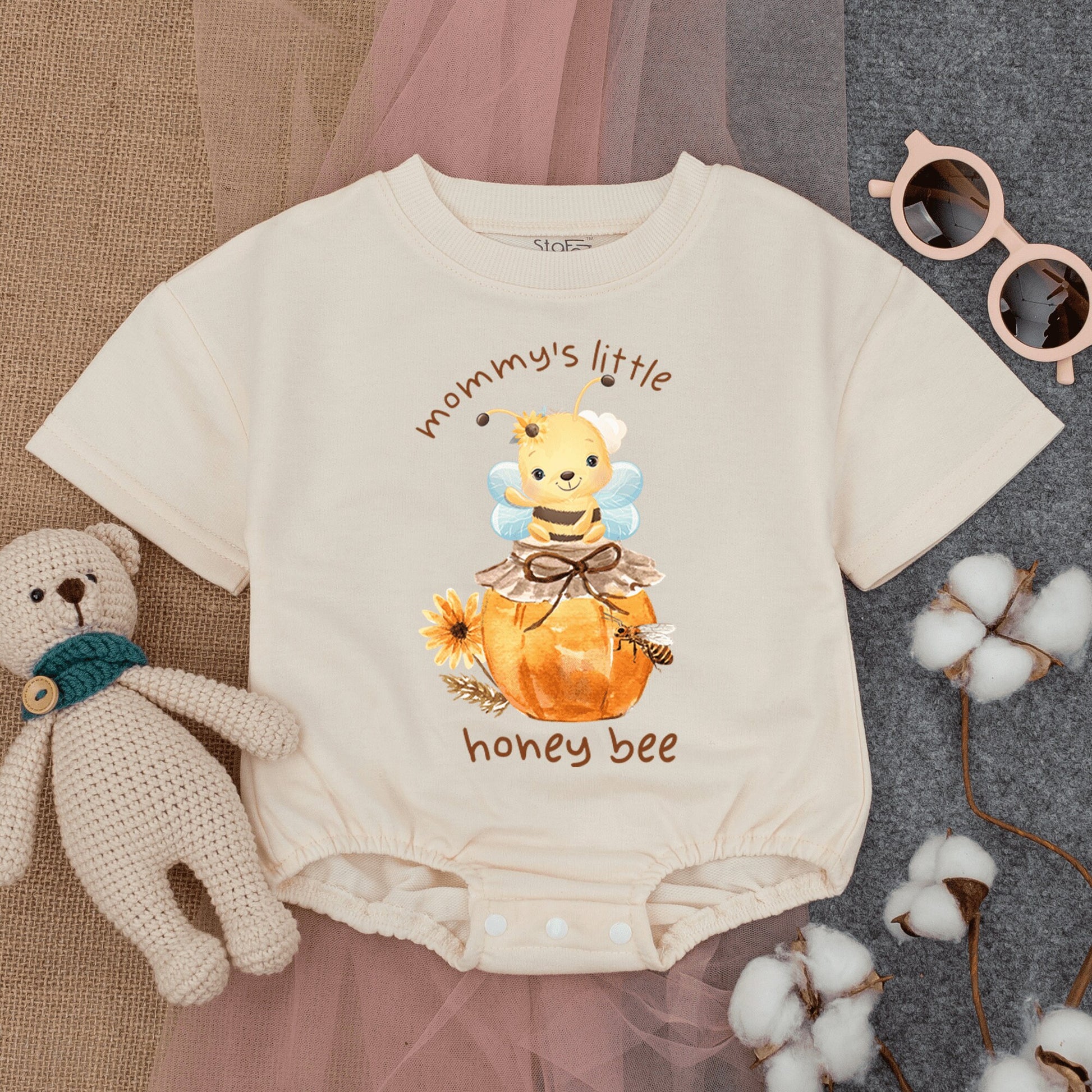 Mommy's Little Honey Bee Short-Sleeve Romper Cute Baby Outfit featuring Cartoon Bumble Bee on Honey Jar and Flower Graphics