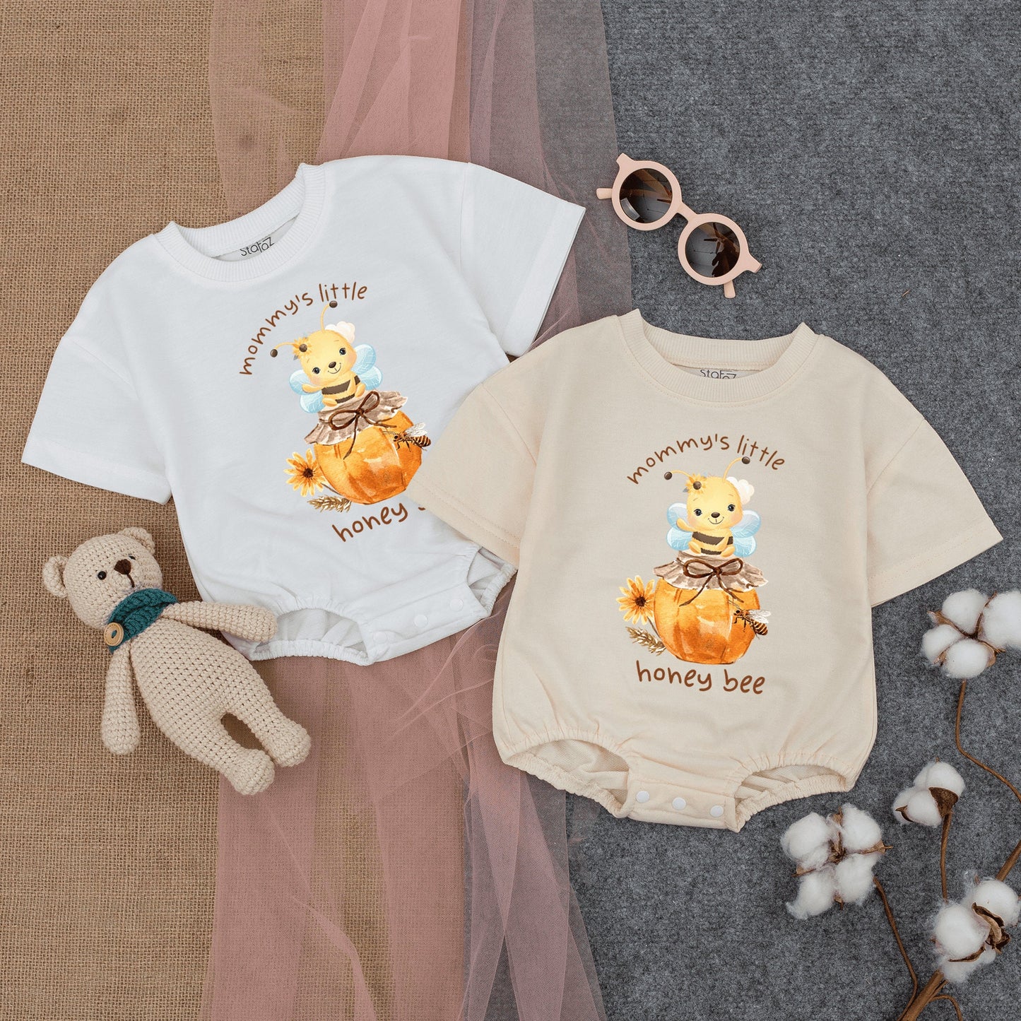 Mommy's Little Honey Bee Short-Sleeve Romper Cute Baby Outfit featuring Cartoon Bumble Bee on Honey Jar and Flower Graphics