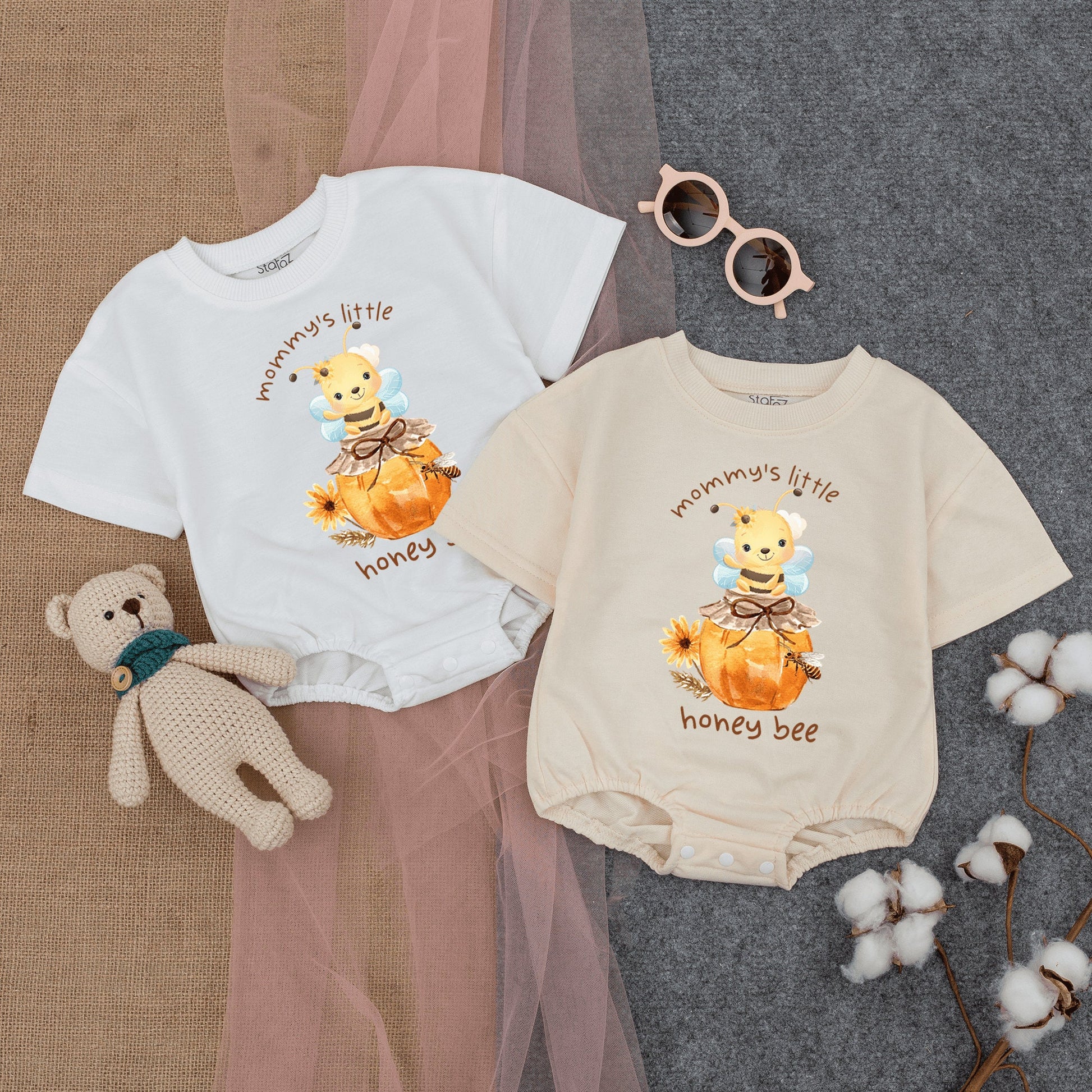 Mommy's Little Honey Bee Short-Sleeve Romper Cute Baby Outfit featuring Cartoon Bumble Bee on Honey Jar and Flower Graphics
