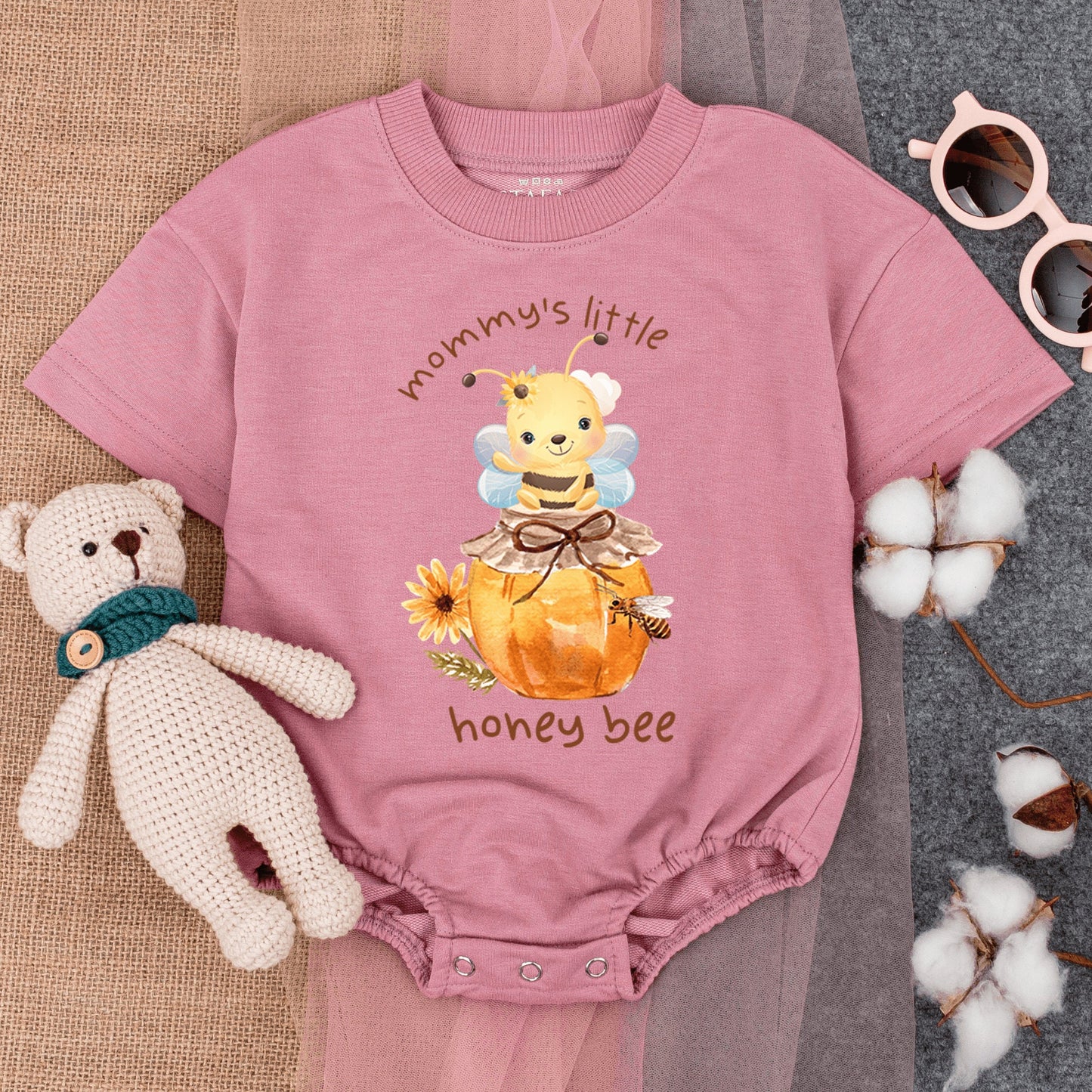 Mommy's Little Honey Bee Short-Sleeve Romper Cute Baby Outfit featuring Cartoon Bumble Bee on Honey Jar and Flower Graphics