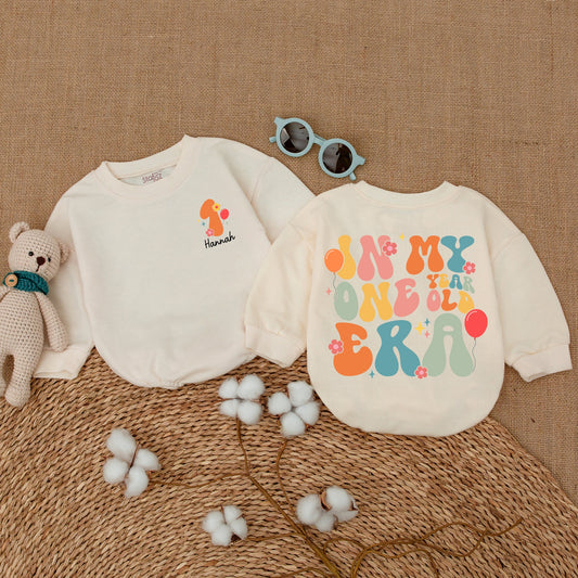 Personalized In My One Year Old Era Retro Bright Floral Girl Romper First Birthday Baby Bodysuit Smash Cake Celebration Outfit with Balloon