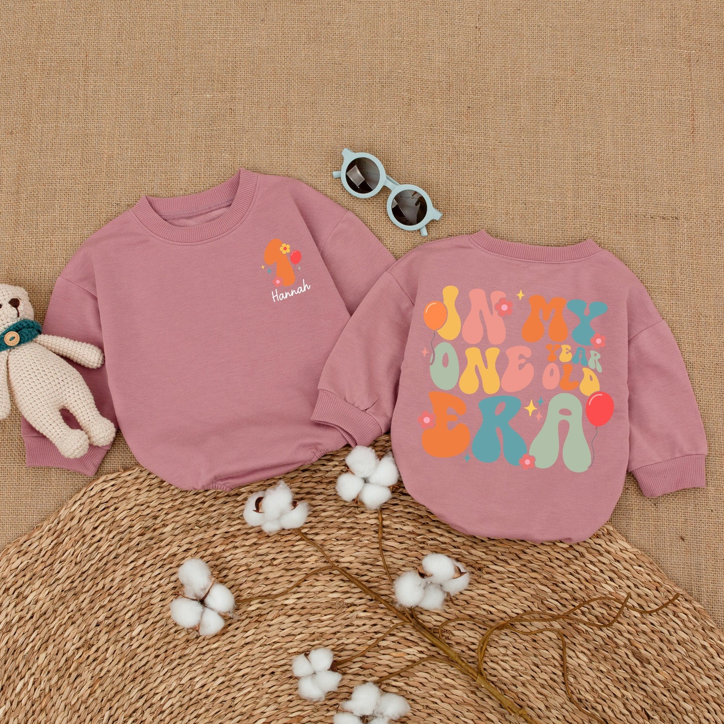 Personalized In My One Year Old Era Retro Bright Floral Girl Romper First Birthday Baby Bodysuit Smash Cake Celebration Outfit with Balloon