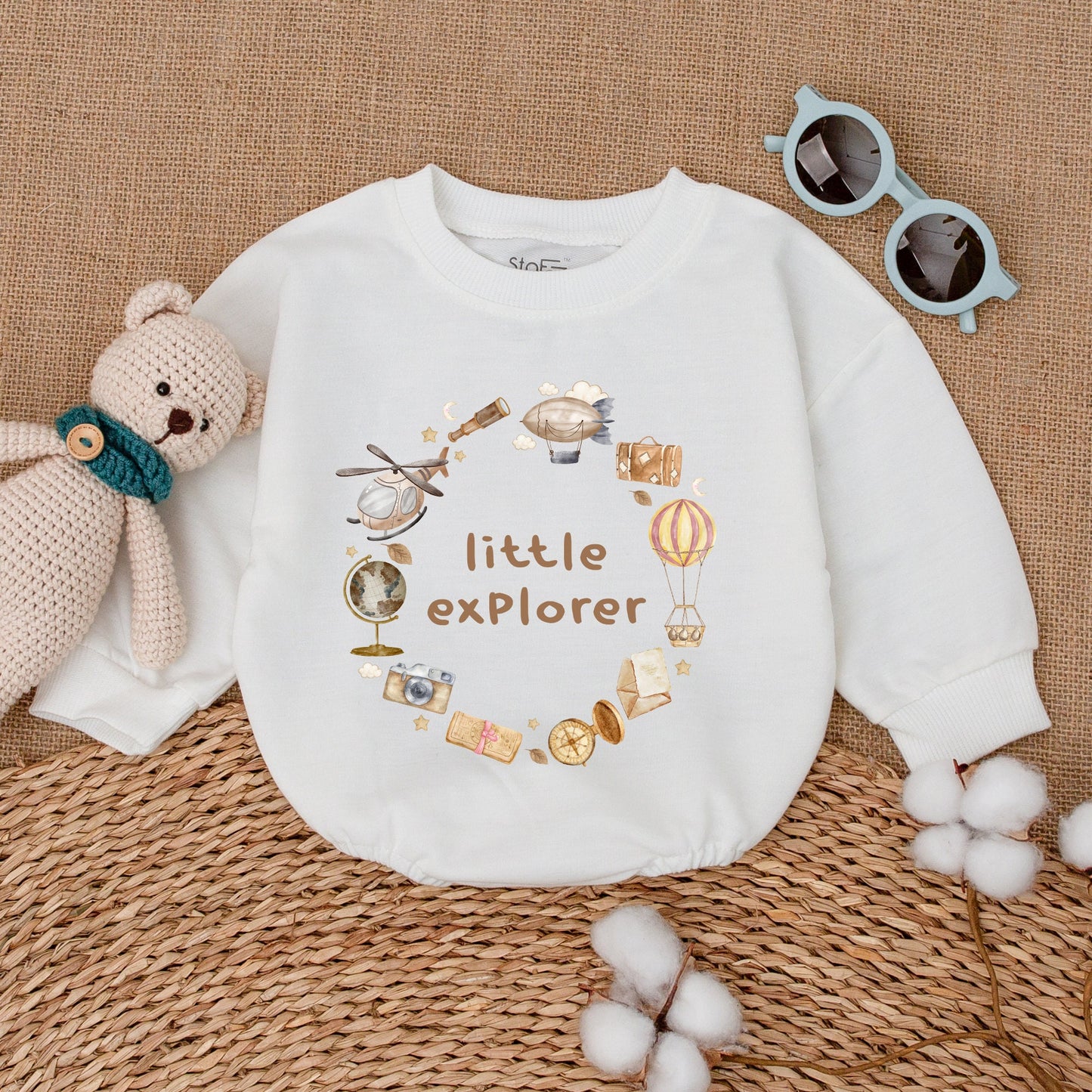 Little Explorer Baby Bodysuit Vintage Adventure Romper Whimsical Hot Air Balloon Globe Outfit Soft Pastel Baby Shower Gift