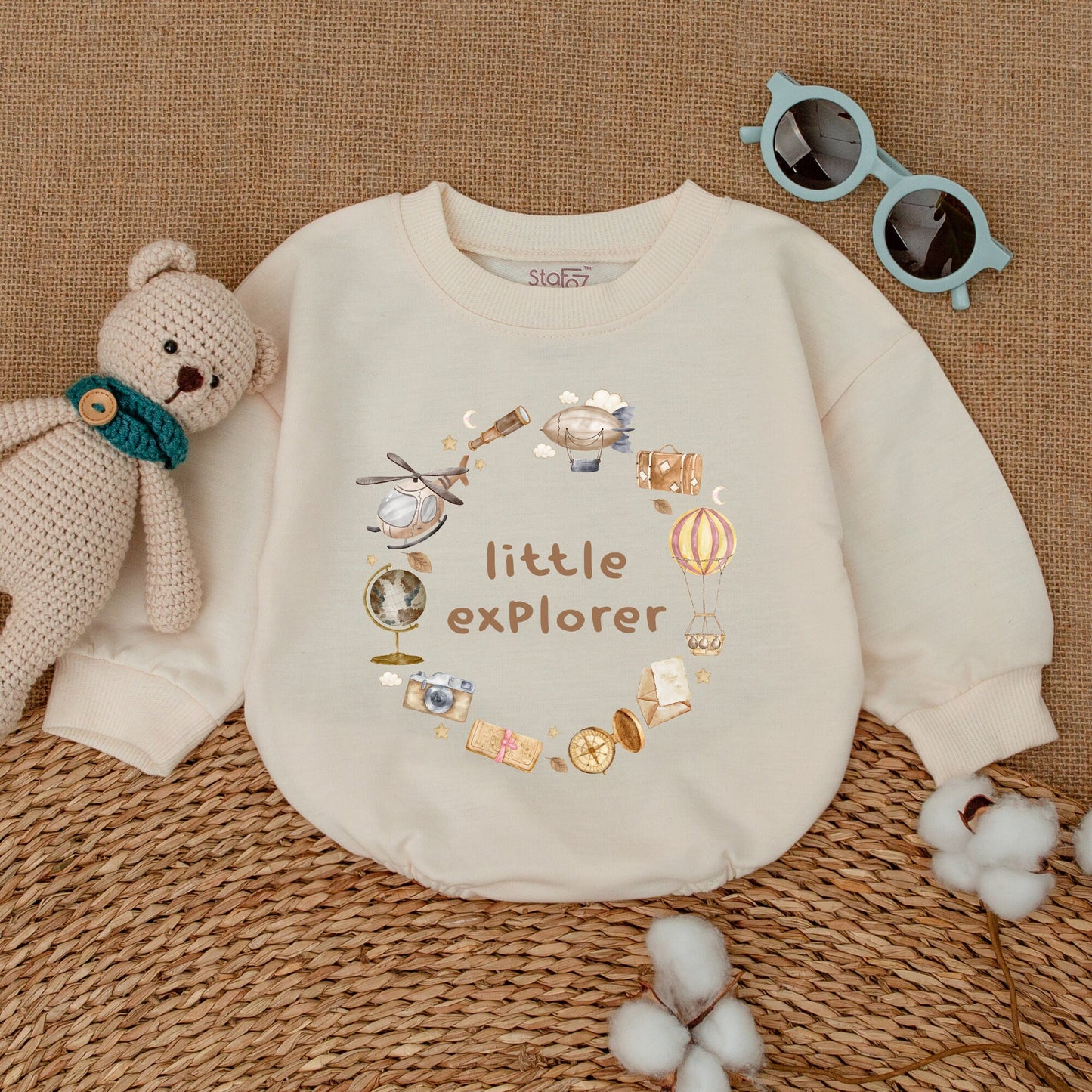 Little Explorer Baby Bodysuit Vintage Adventure Romper Whimsical Hot Air Balloon Globe Outfit Soft Pastel Baby Shower Gift