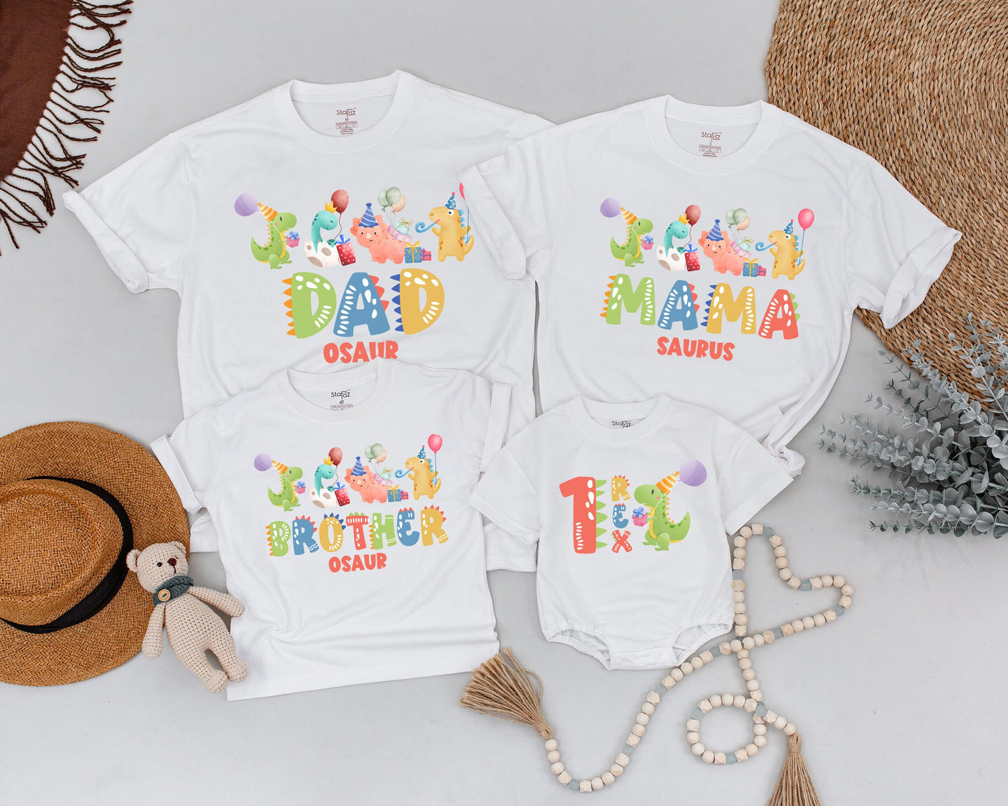 Matching Family Dinosaur Birthday Shirts Three Rex Party Outfit Colorful Cartoon Dino Gifts 2 Rex Tee Soft Cotton Toddler Baby Celebration