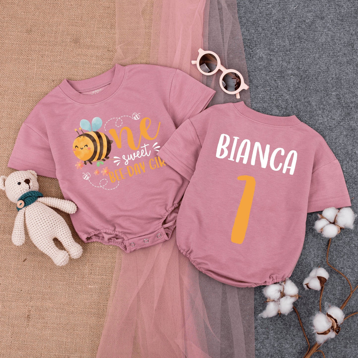 Personalized One Sweet BEE-DAY GIRL Romper First Birthday Bumble Bee Outfit with Name and First Number Cute Honey Bee Baby Bodysuit