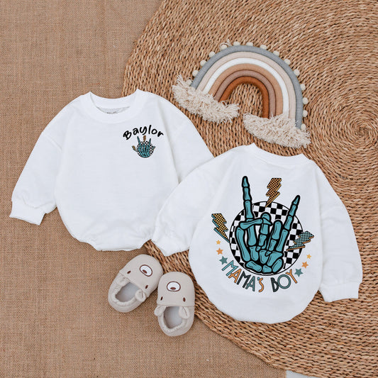 Mama's Boy Rock and Roll Baby Boy Romper Bodysuit Retro Skeleton Hand Design Checkered Lightning Bolt Soft Cotton Cool Infant Outfit Baby Shower Gift