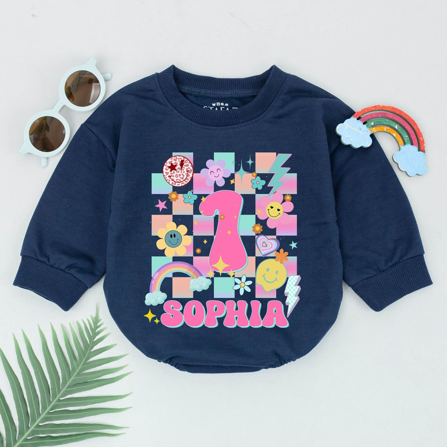 Personalized Groovy First Birthday Romper Baby Girl Outfit with Pink 1 and Sophia Name Checkerboard Retro Rainbow Smiley Bubble Bodysuit Gift