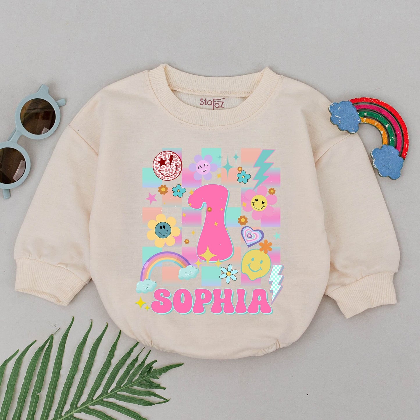 Personalized Groovy First Birthday Romper Baby Girl Outfit with Pink 1 and Sophia Name Checkerboard Retro Rainbow Smiley Bubble Bodysuit Gift