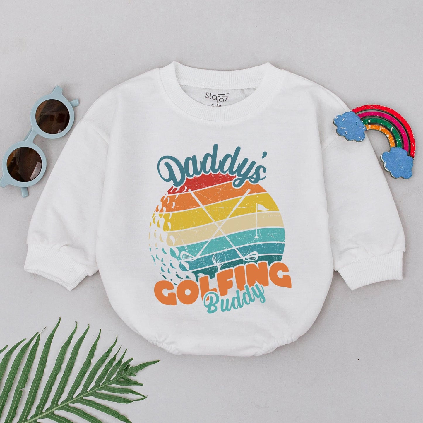 Retro Daddy's Golfing Buddy Romper Vintage 70s Golf Theme Baby Boy Bodysuit Rainbow Striped Distressed Design Father's Day Outfit Future Golfer Gift