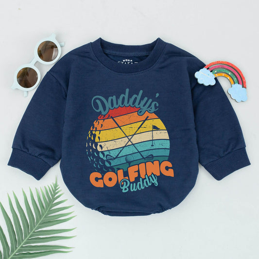 Retro Daddy's Golfing Buddy Romper Vintage 70s Golf Theme Baby Boy Bodysuit Rainbow Striped Distressed Design Father's Day Outfit Future Golfer Gift