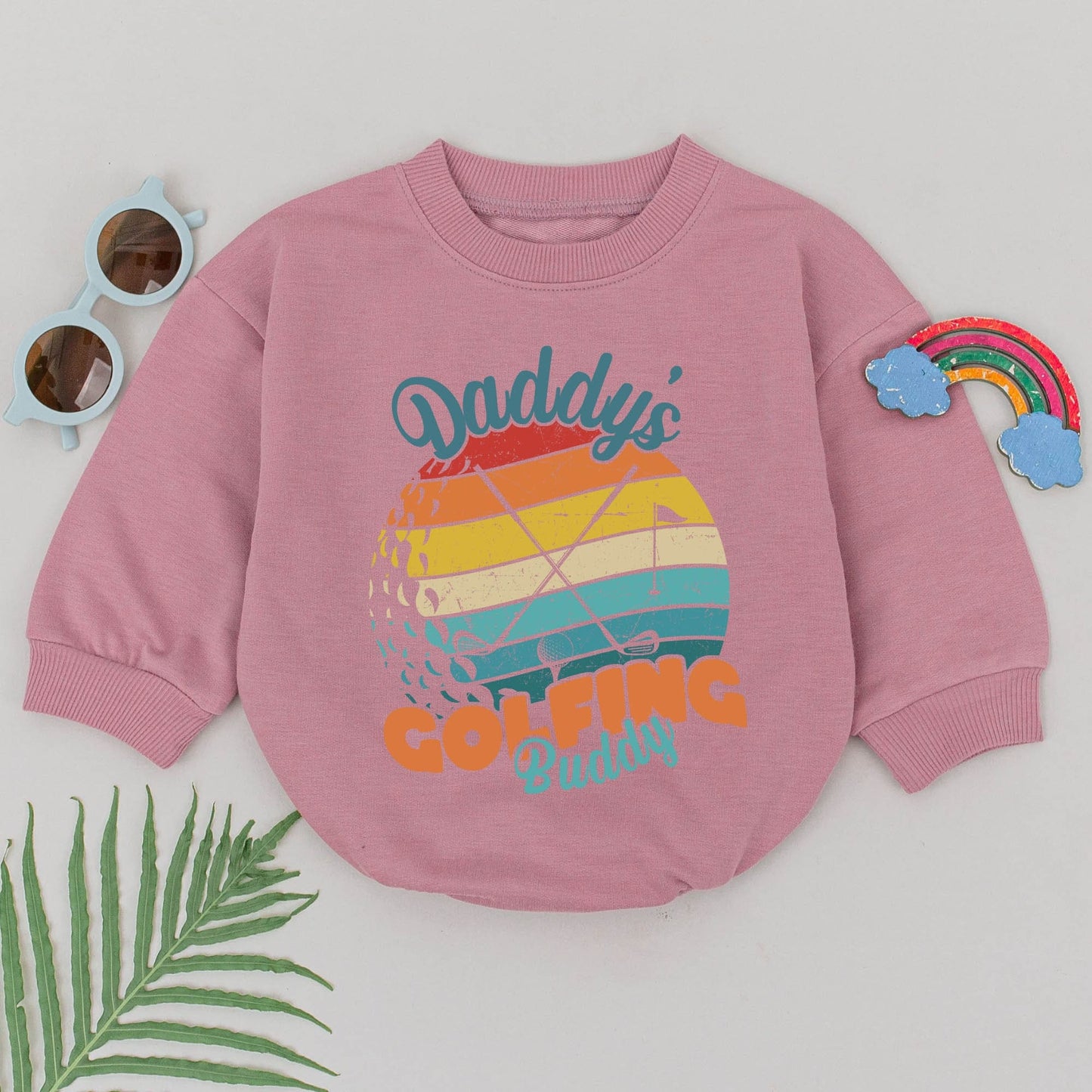 Retro Daddy's Golfing Buddy Romper Vintage 70s Golf Theme Baby Boy Bodysuit Rainbow Striped Distressed Design Father's Day Outfit Future Golfer Gift