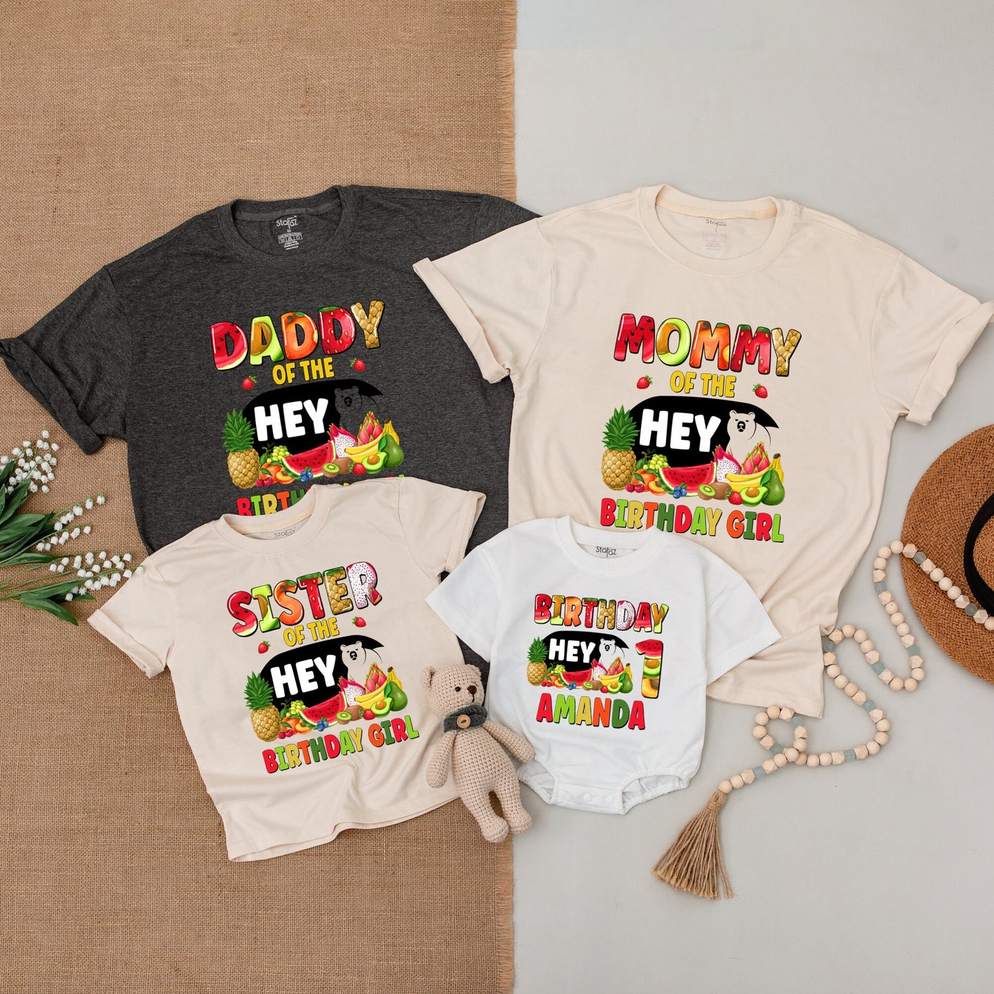Personalized Family Matching Birthday Outfits Tropical Fruit Bear Hey Design Watermelon Pineapple Banana Party Celebration