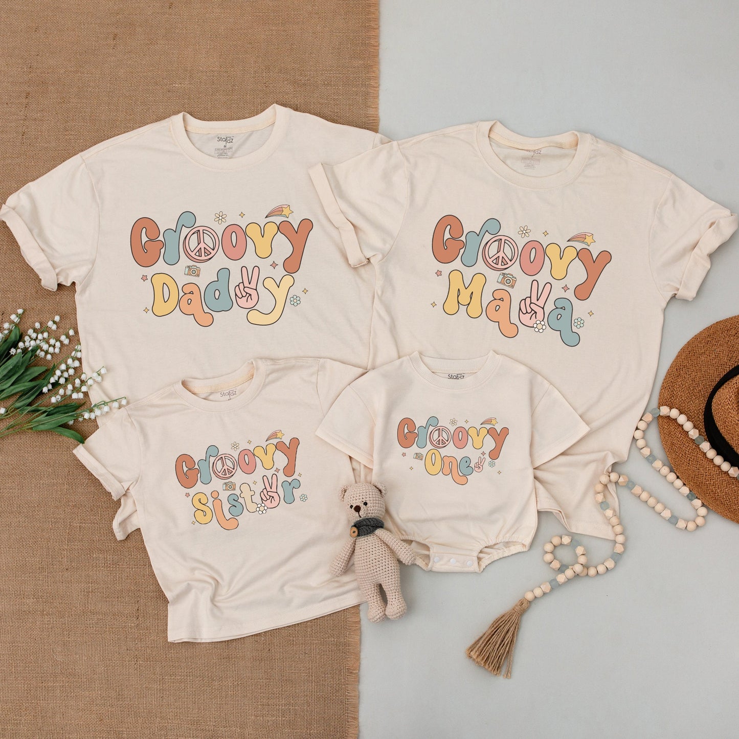 Groovy One 1st Birthday Shirt Family Matching Retro Design Peace Sign Camera Pastel Pink Teal Yellow Vintage Mama Daddy Bodysuit