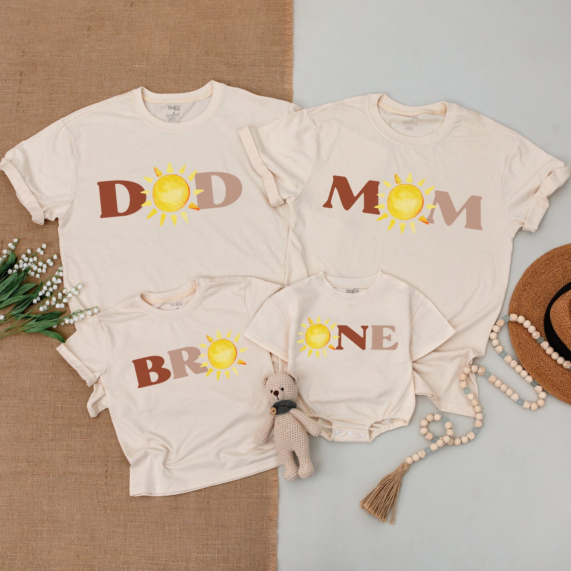 First Trip Around the Sun Birthday Matching Family Shirts & Bodysuit with Cheerful Yellow Sun DAD MOM BRO ONE Block Letters Design Soft Cotton