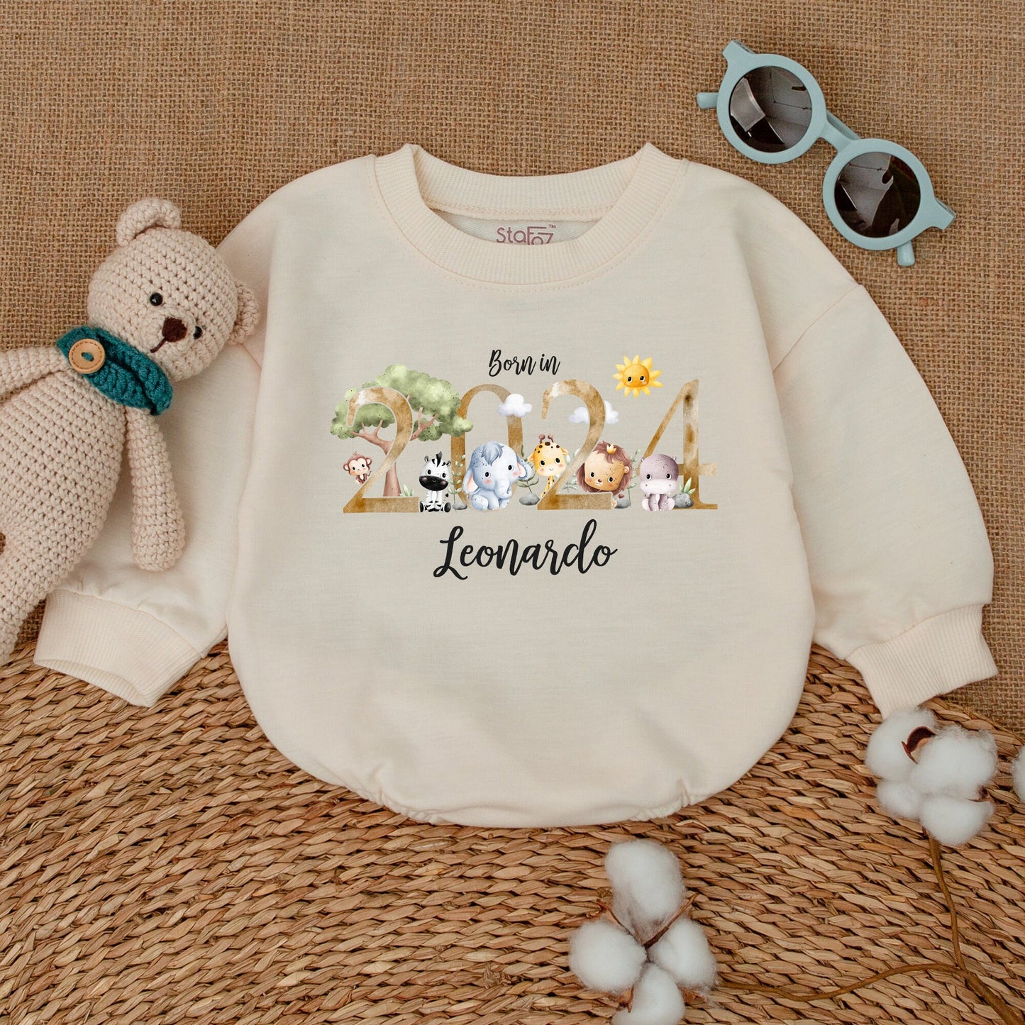 Personalized Born in 2024 Safari Baby Romper Bodysuit Whimsical Animal Newborn Sleepsuit Bubble Coming Home Shower Gift