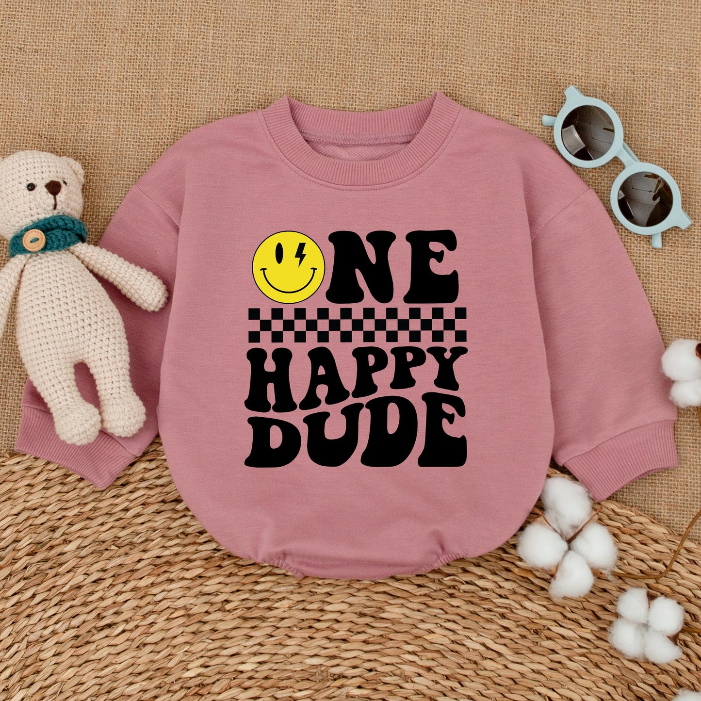 One Happy Dude Baby Boy Romper Smiley Face Lightning Birthday Outfit First Birthday Cake Smash Cool Retro Checkered Yellow Infant Toddler Celebration Gift