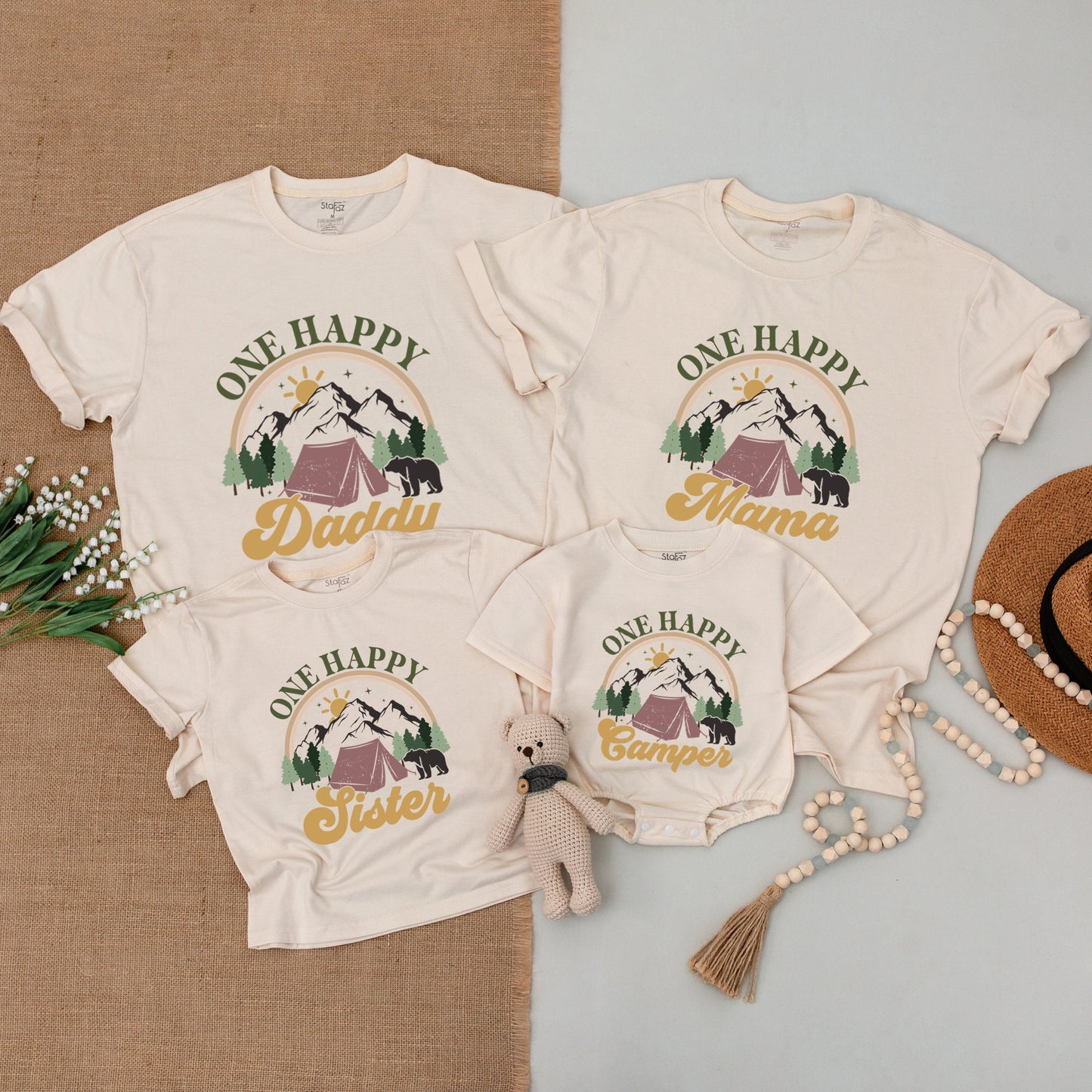 Personalized One Happy Camper 1st Birthday Outfit, Matching Family Camping Shirt Romper Vintage Nature Bear Design Gift