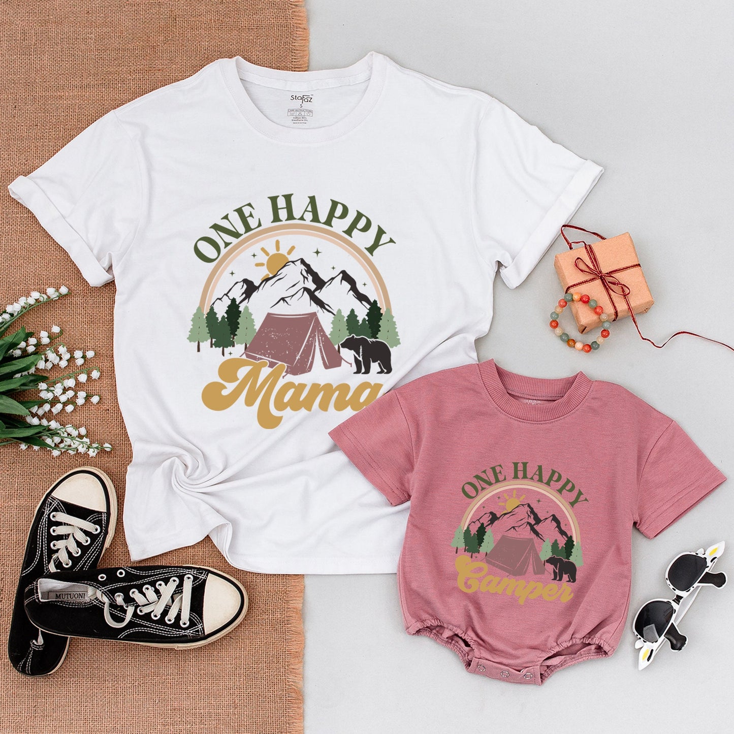 Personalized One Happy Camper 1st Birthday Outfit, Matching Family Camping Shirt Romper Vintage Nature Bear Design Gift