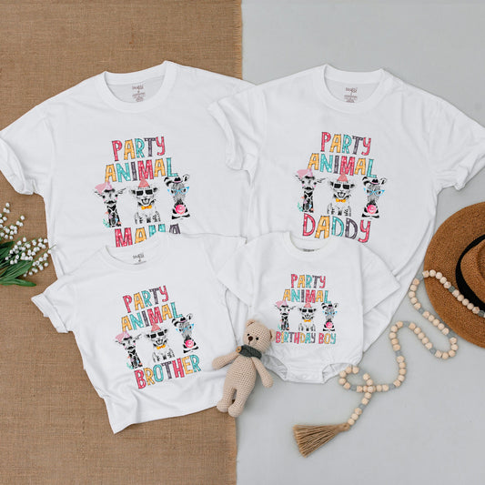 Party Animal Birthday Family Matching Shirts Rompers with Wild Safari Zoo Animals Colorful Cartoon Playful Design for Parents Kids